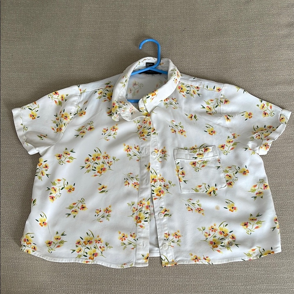 Forever 21 Kids Floral Button Down Shirt - White and Yellow